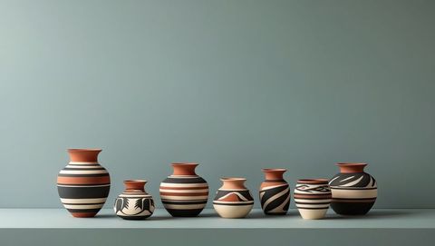 Native american ceramic vases with geometric patterns on shelf against teal-gray wall
