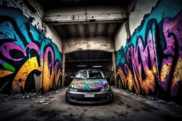 Building with walls and car covered in colorful graffiti created using generative ai technology - Download Free Stock Photos Pikwizard.com