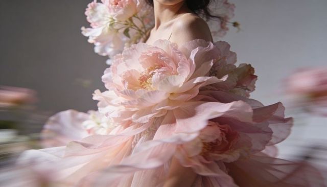 Ethereal couture gown displaying oversized pastel-pink peony petals, bare shoulder portrait