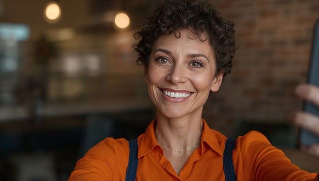Joyful barista taking selfie in trendy cafe setting