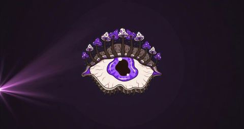 Surreal eye with mushroom cap eyelashes in purple void