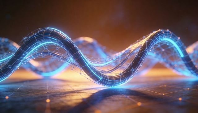 Neon-blue data wave network streaming across reflective grid with glowing nodes and mesh