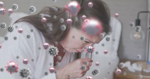 Ill Woman with Coronavirus Particles Background Holding Tissue