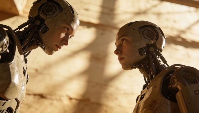 Weathered humanoid androids facing off in sunlit closeup with exposed neck wiring