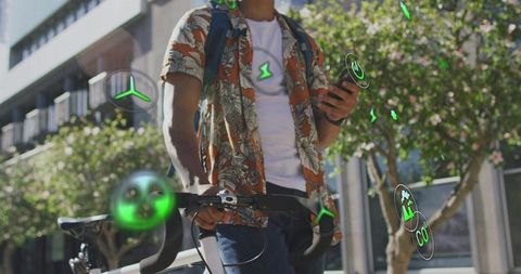 Urban commuter checking bike CO2 stats with augmented reality display