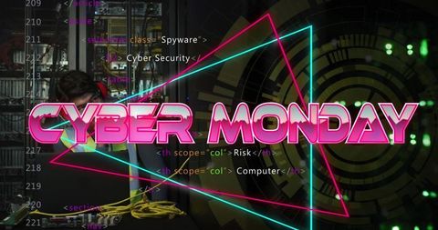 Cyber monday digital interface with server and code elements