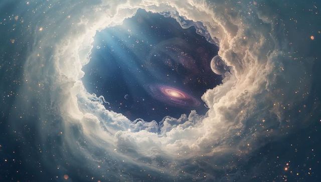 Circular cloud aperture revealing spiral galaxy planet and nebula in luminous cosmic vortex