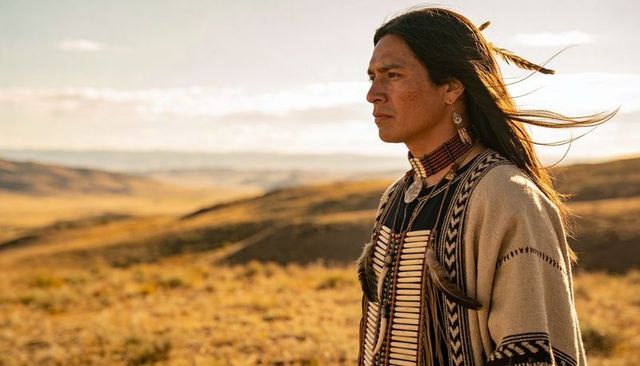 Native american man wearing regalia gazing across sunlit prairie at golden hour