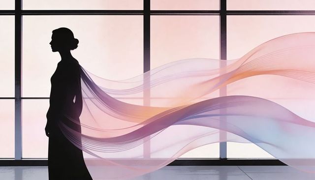 Silhouette woman standing by backlit window with flowing pastel fabric ribbons