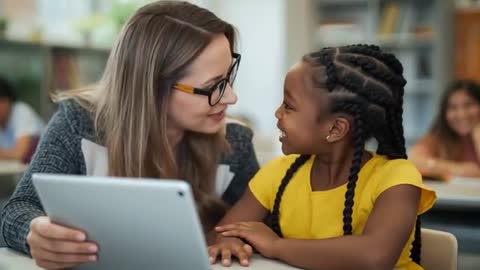 Teacher Guiding Girl in Classroom with Digital Tablet Learning