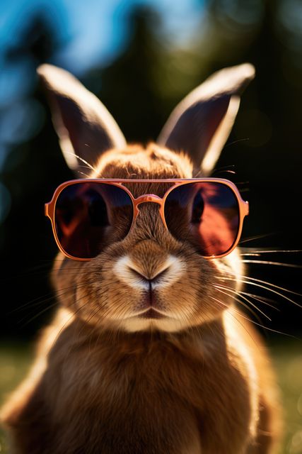 Image featuring a rabbit wearing sunglasses outdoors on a sunny day. Perfect for advertisements, social media posts, promotional materials, or articles related to pets, summertime, fashion accessories for animals, or general cuteness. Ideal for conveying a fun and stylish message.
