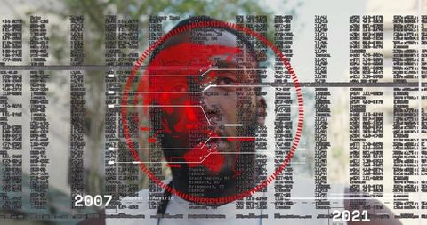 Surveillance overlay with red HUD tracking man in jacket, timeline 2007-2021 data visualization