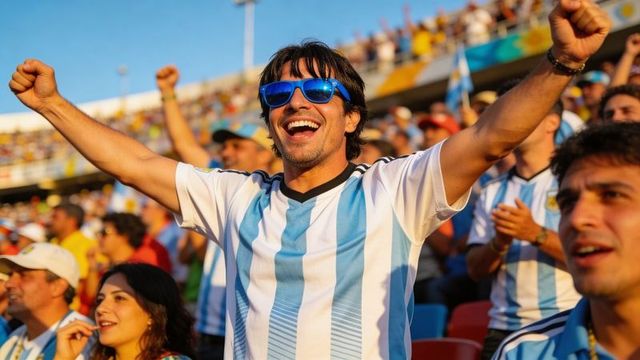 Energetic hispanic soccer fan cheering in blue-and-white jersey with sunglasses