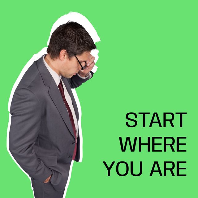 Image of a Caucasian businessman in a suit contemplating while holding his glasses. The photo has a green background and the motivational quote 'Start Where You Are'. Ideal for business coaching, motivational speaking, career guidance, or inspirational content for blogs, presentations, and social media.