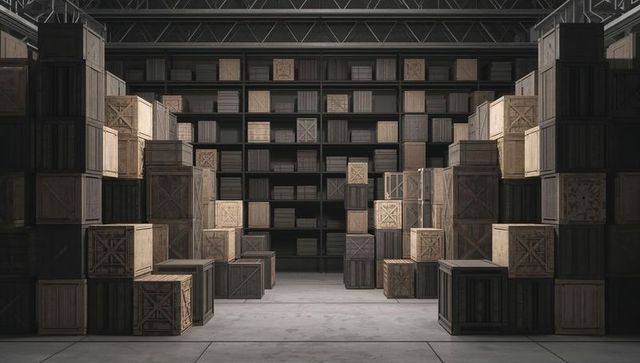 Stacking wooden crates forming central aisle with metal shelving in warehouse