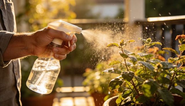 Misting potted plants on sunlit balcony with clear spray bottle and golden backlight