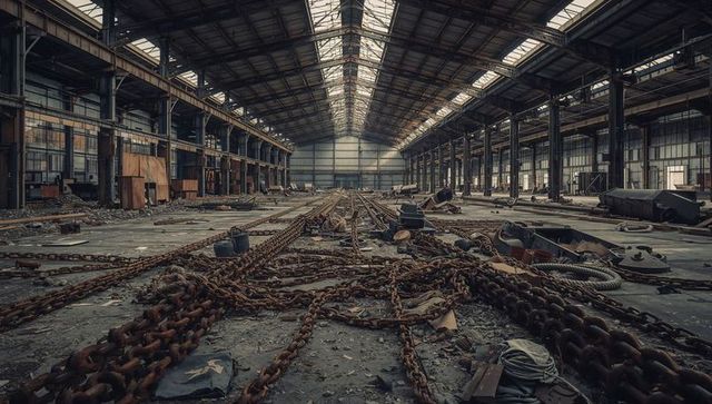 Rusted chains leading through abandoned industrial warehouse with skylights and debris