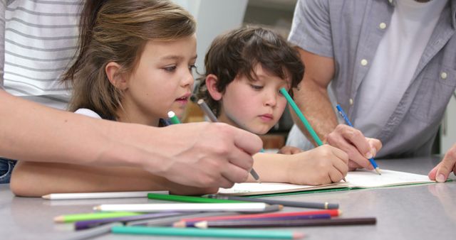 Parents and Children Drawing Together at Home - Download Free Stock Images Pikwizard.com