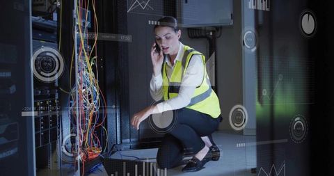 Female IT technician inspecting server patch cables while calling, wearing high-vis vest with AR HUD