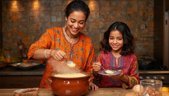 Mother and daughter serving steaming rice in colorful kurta in cozy kitchen