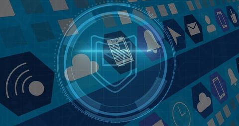 Cybersecurity firewall shield with email and data protection icons