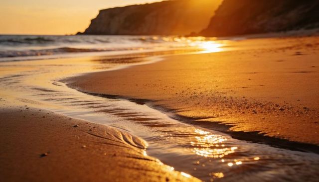 Golden sunset beach with curving tidal rivulet, wet sand and coastal cliffs