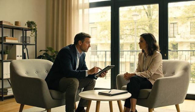 Executives discussing strategy in modern office lounge using tablet and notebook