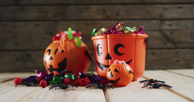Halloween pumpkin buckets full of halloween candies on wooden surface. halloween festivity and celebration concept