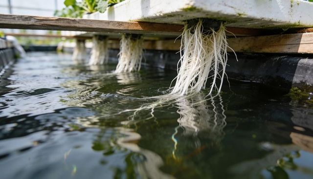 Hydroponic roots dangling into nutrient water channel beneath floating foam trays in greenhouse