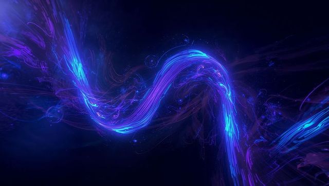 Flowing neon ribbon of blue and purple light glowing through cosmic indigo void, spark particles