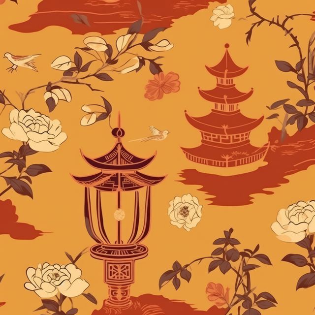 Traditional Japanese-style design featuring pagodas, lanterns, and birds amid floral patterns in warm autumn tones. Ideal for use in wallpaper, wrapping paper, textile printing, and various design projects seeking an authentic Asian decorative element.