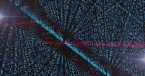 Pulsing digital vortex forming deep data tunnel with teal binary and red scanlines