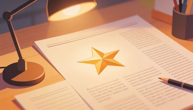 Warm desk lamp illuminating gold star emblem on document with pencil on wooden workspace