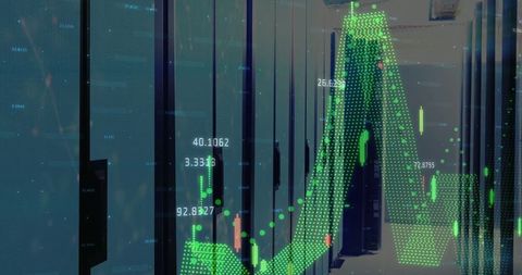 Data Center Corridor with Digital Green Charts Overlay