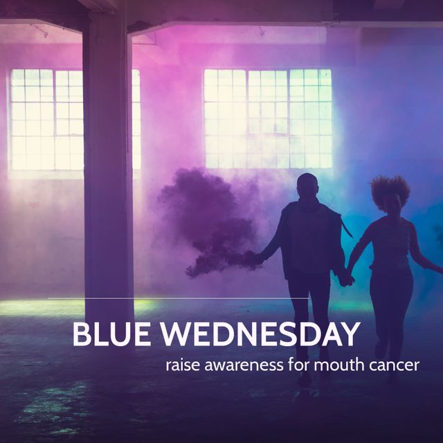 Blue wednesday and raise awareness for mouth cancer text over couple running with smoke bombs. Digital composite, love, togetherness, mouth cancer, disease, healthcare, support and prevention concept.