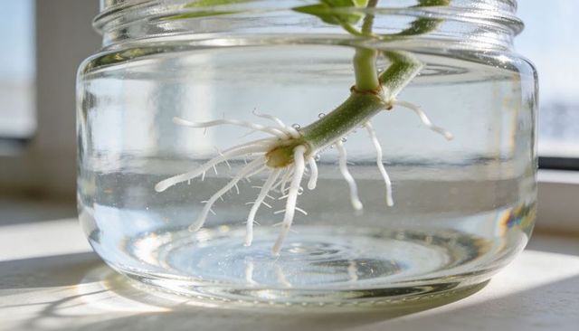 Green stem rooting in water closeup white root growth in clear glass jar on windowsill