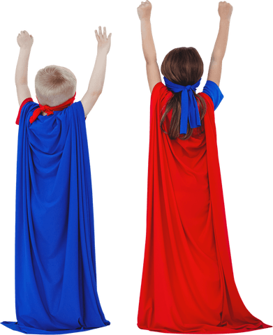Transparent kids pretending superheroes with capes raised arms