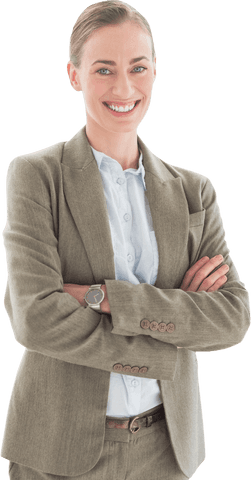 Confident businesswoman smiling with arms crossed, transparent background