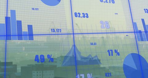 Statistical data overlay and aerial cityscape view