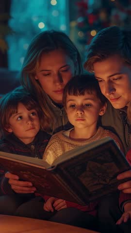Vertical video: Family reading storybook by fireplace with warm holiday lights