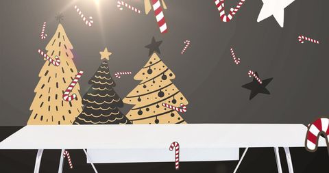 Digital art of christmas trees with falling candy canes