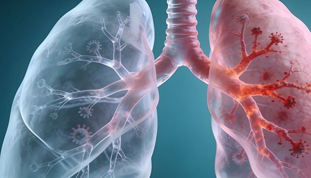 Contrasting healthy and infected lungs 3d medical illustration of trachea, bronchi, viral clusters