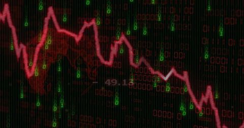 Neon red chart plunging through binary rain with cyber data decline visualization