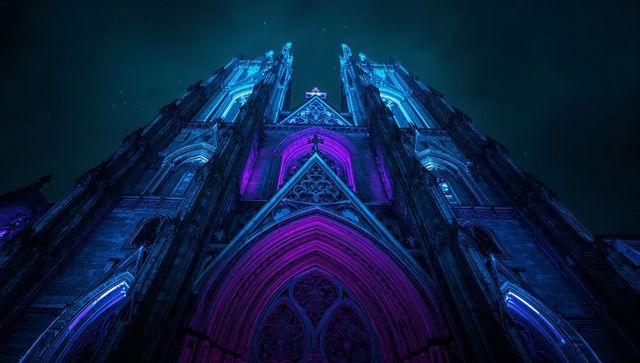 Gothic cathedral facade illuminating in cyan and magenta neon light under night sky