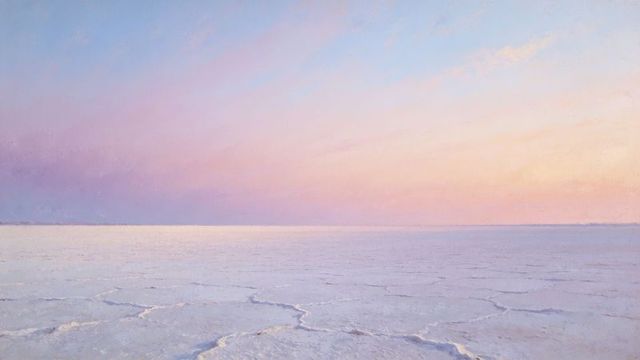 Pastel salt flats at dawn reflecting cracked polygon patterns, minimal tranquil horizon