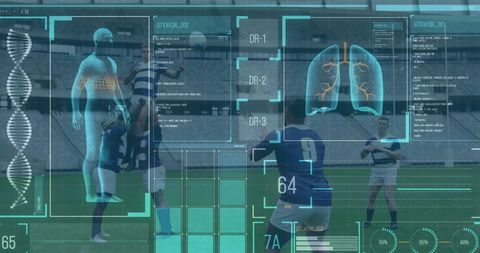 Futuristic sports data interface with football players