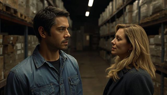 Co-workers discussing tasks in warehouse with inventory boxes