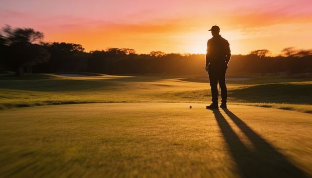 Standing golfer casting long shadow on putting green at sunset