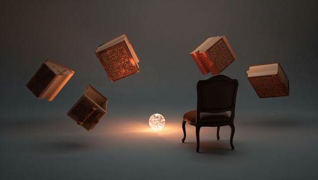Antique chair sitting beside glowing crystal orb and floating leather tomes with moody lighting