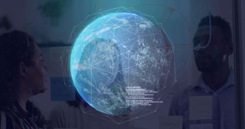 Data analysts analyzing holographic earth in modern office